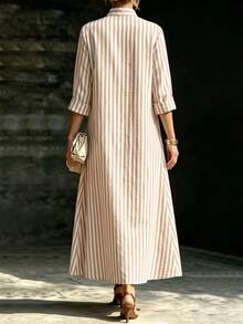 SHEIN فستان طويل كاجوال منسوج مخطط للنساء لفصل الخريف - لون مشمشي - مشاهدة 2