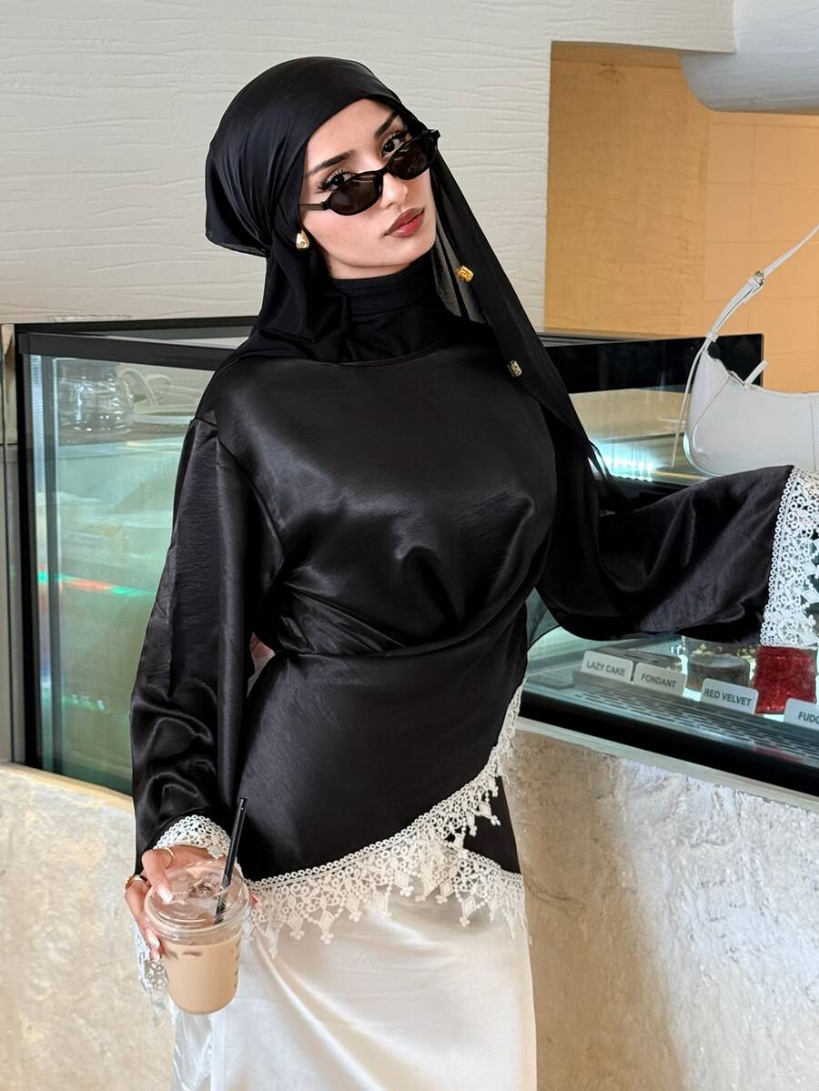 Solavon Women's High Neck Long Sleeve Asymmetric Contrast Color Lace Arabesque Blouse - Black - View 1