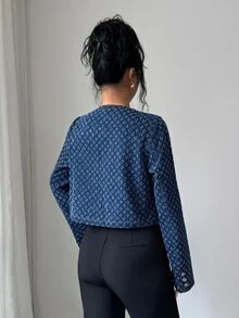 Elenzga Allover Print Button Front Crop Denim Jacket - Blue - View 2