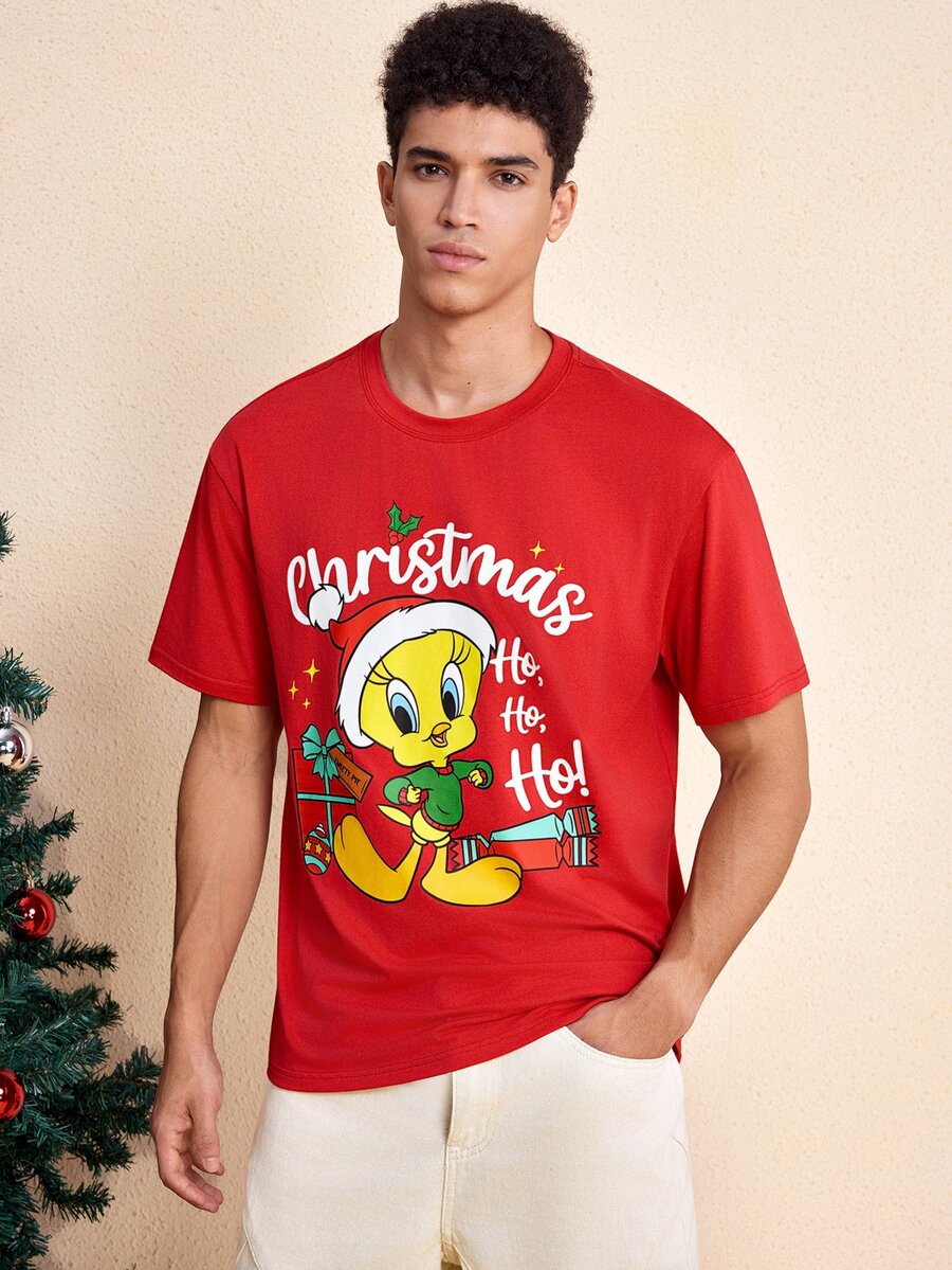 LOONEY TUNES X SHEIN Men's Cartoon Print Short Sleeve Crew Neck T-Shirt - Red - View 1
