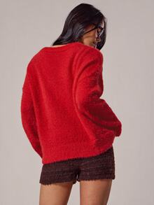 MUSERA Graphic Slogan Knit Drop Shoulder Fluffy Sweater Jumpsuit, Spring Casual Daily Wear For Girls, Cute Sweet Pea Spring Style - Red - View 4