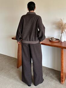 Dazy Plus Thickened Half-Open Collar Pullover Top & Long Pants Casual Fun Commute Spring Autumn New Two Pieces Set - Brown - View 2