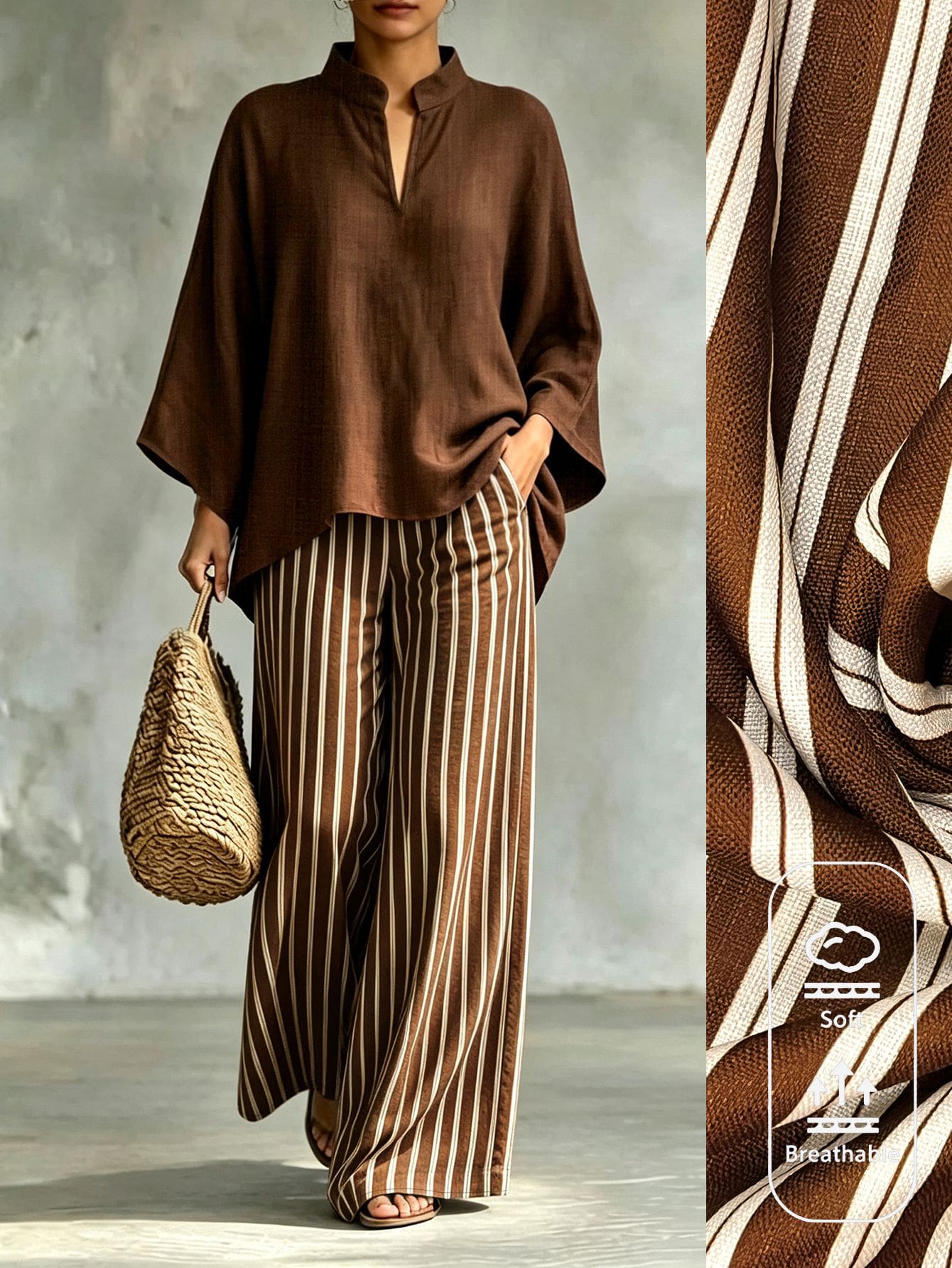 EMERY ROSE Women's Casual Commute Minimalist Small Stand Collar Shirt & Striped Loose Long Pants Two Pieces Set, Suitable For Spring/Autumn Daily Wear, Shopping, Commuting, Ideal Choice For Back To School Season, Versatile Outfit - Brown - View 1