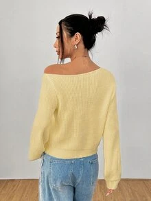 SHEIN PETITE 女款純色單肩休閒日常長袖針織衫 - 淡黃色 - 查看 2
