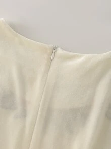 Balvessa Velvet Embroidered Round Neck Long Sleeve Elegant Women Dress - Apricot - View 4