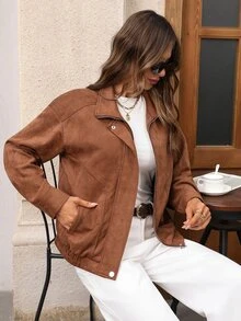 EMERY ROSE Women's Solid Color Long Sleeve Zip-Up Casual Regular Fit Jacket - Brown - View 8