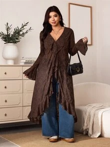 Enliva Plus Size Women's Lace Longline Cardigan Open Front Ruffle Bell Sleeve Duster Halloween Inspired Boho Witchy Cover Up Flattering Compatible With Apple Shape - Brown - View 6