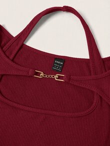 SHEIN EZwear 女款秋冬 Y2K 羅紋針織二合一連身衣喇叭袖長袖上衣 - 酒紅色 - 查看 5