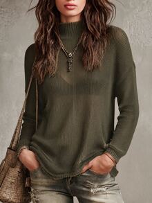 SHEIN New Arrival Women Mock Neck Cut Out Cold Shoulder Knit Sweater, Oversized Drop Shoulder Long Sleeve - Army Green - View 5