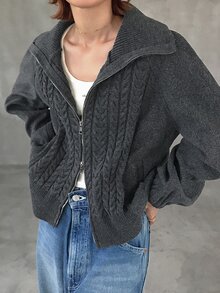 FRIFUL Women's Solid Color Zipper Casual Versatile Daily Wear Wool Blend Jacket - Grey - View 5