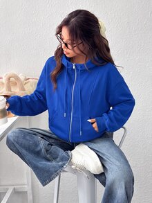 SHEIN EZwear 女款前拉鍊長袖口袋連帽衫， - 寶藍色 - 查看 3