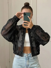 DAZY 女款圓領長袖半透蕾絲面料優雅前開襟襯衫 - 黑色 - 查看 5