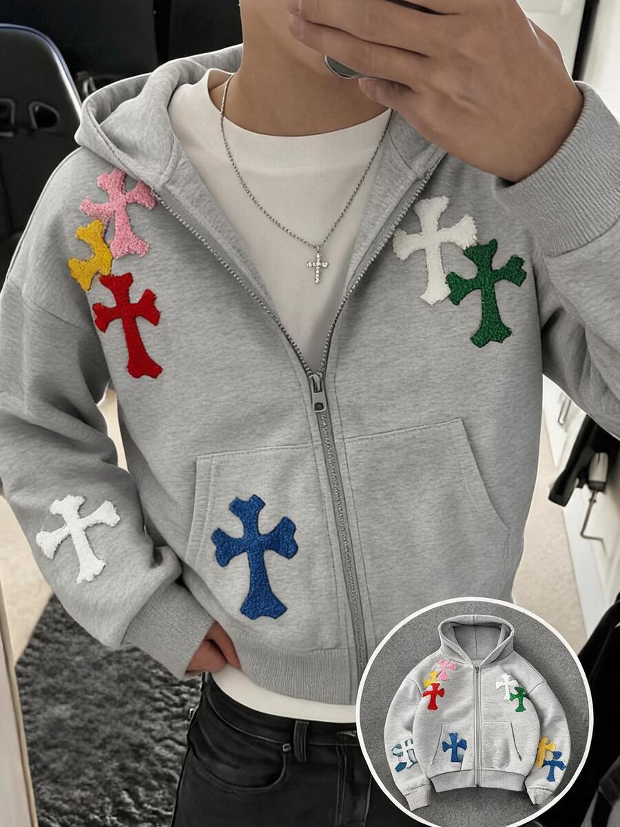 SHEIN 青少年男孩對比色十字裝飾前拉鍊雙口袋休閒日常百搭長袖運動衫外套 - 灰色 - 查看 1
