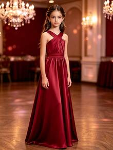 Tween Girls' Elegant Minimalist Fashion One-Shoulder Sleeveless One-Side Asymmetrical Shoulder - Burgundy - View 1