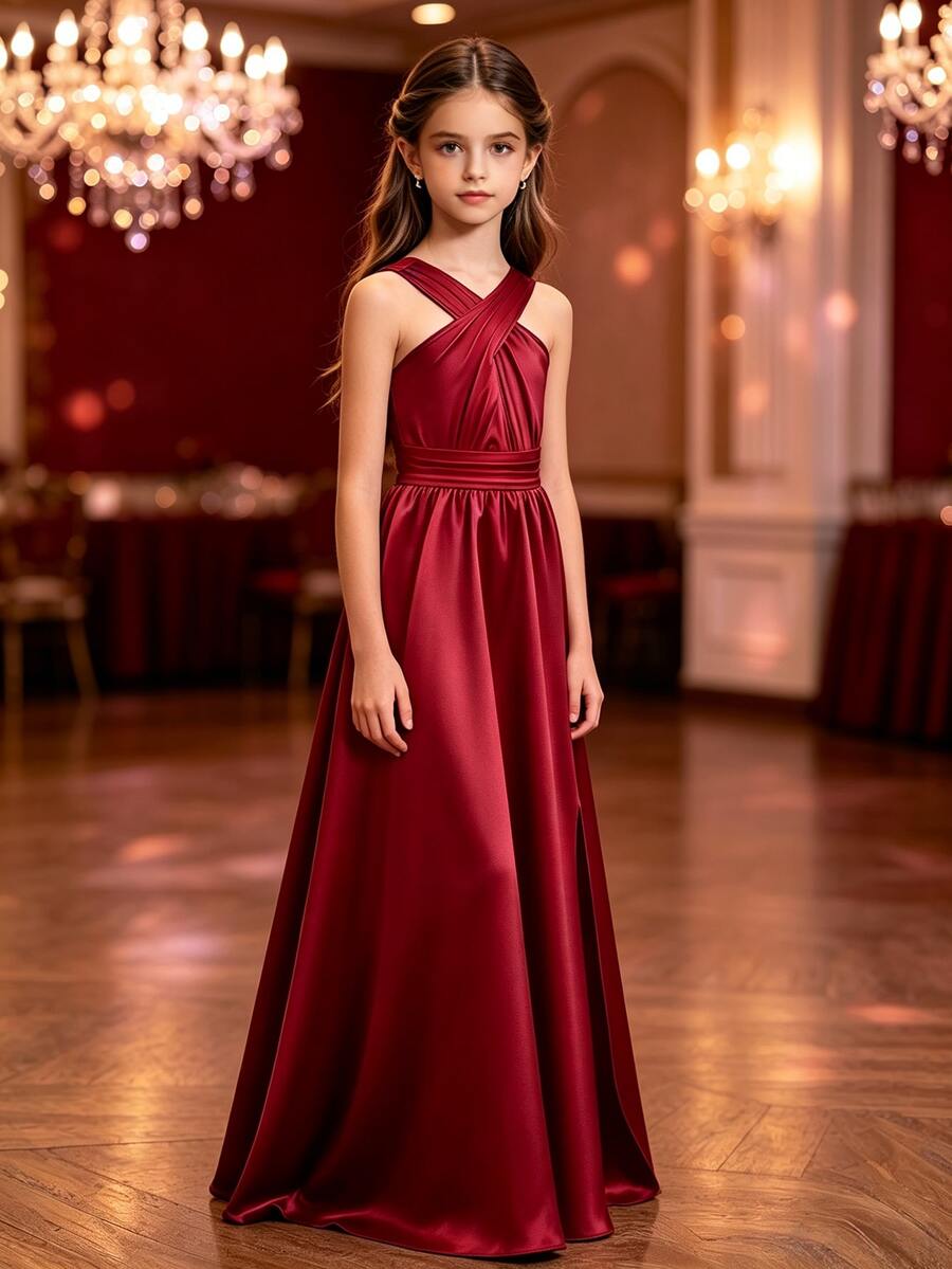 Tween Girls' Elegant Minimalist Fashion One-Shoulder Sleeveless One-Side Asymmetrical Shoulder - Burgundy - View 1