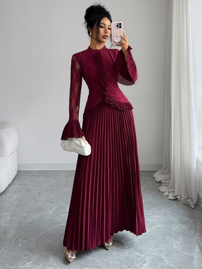 Elenzga Bộ đồ 2 món màu đỏ rượu vang trơn gồm áo blouse cổ đứng ren tay loe và chân váy dài xếp ly, phong cách sang trọng thanh lịch cho tiệc tùng, lễ hội, dạ tiệc tối, đám cưới, khách mời, mùa xuân thu