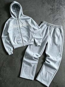 Manfinity Roghcode Men's Plus Size Hooded Zip-Up Sweatshirt Sweatshirt And Pants Set - Grey - View 1
