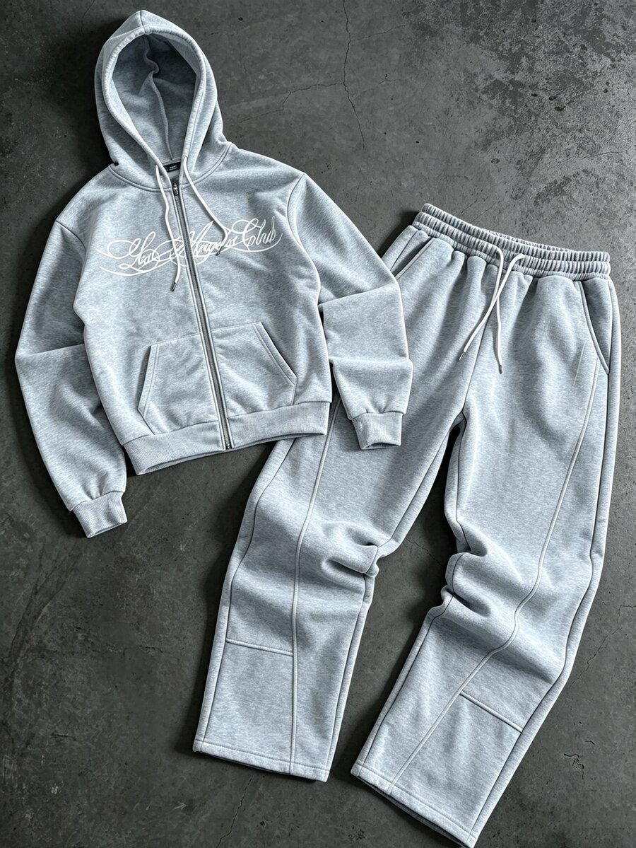 Manfinity Roghcode Men's Plus Size Hooded Zip-Up Sweatshirt Sweatshirt And Pants Set - Grey - View 1