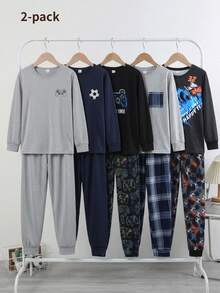 2件組男士時尚秋冬新款塗鴉效果足球·足球·籃球圖案印花圓領套頭長袖上衣與球類元素滿版印花長褲，針織面料，舒適柔軟高彈性，修身剪裁，居家服/睡衣 - 彩色 - 查看 1