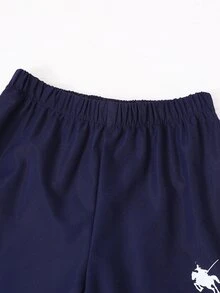SHEIN 青少年女孩學院風馬匹圖案拉鍊運動套裝，海軍藍防風夾克外套與運動長褲2件組，休閒運動慢跑居家運動套裝 - 藍色 - 查看 6