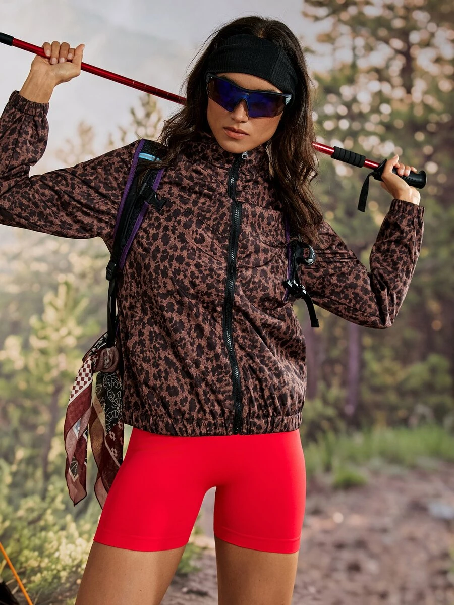 Exploreva Exploreva Women's All-Over Print Zip-Up Casual Versatile Daily Outdoor Jacket - Brown - View 1