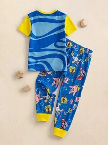 SpongeBob SquarePants | SHEIN 男童卡通圖案短袖上衣和長褲休閒家居睡衣套裝 - 藍色 - 查看 2