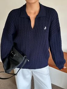 Dazy Plus Blogger Casual Style Embroidered Pattern Loose Fit Spring/Autumn New Pullover Sweater - Navy Blue - View 5