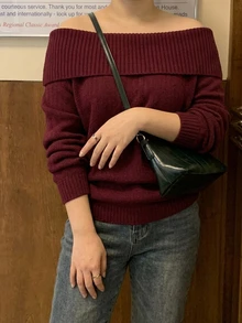 Dazy Plus Red New Year Christmas Off-Shoulder Korean Style Autumn/Winter New Pullover Sweater - Burgundy - View 3