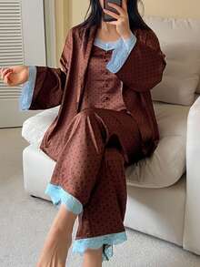 Dazy Plus 3pcs Colorblock Polka Dot Long Pants Loungewear Set, Spring Summer Autumn Pajamas - Brown - View 1
