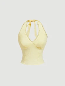 SHEIN MOD 女款蕾絲飾邊休閒百搭日常穿著掛脖上衣 - 綠色 - 查看 5