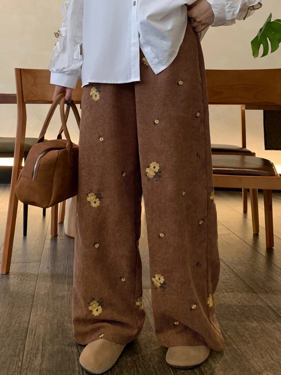 DAZY Women's Floral Embroidered Pocket Wide Leg Loose Casual Long Pants - Brown - View 1