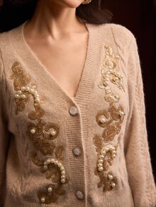 MOTF PREMIUM WOMEN'S AUTUMN/WINTER KNITTED CARDIGAN SWEATER WITH JEWELRY DECORATION - Apricot - View 1