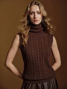 Anewsta Essential Rompi Rajut Kabel Leher Tinggi Tanpa Lengan dengan Hiasan Rantai Gaya Retro Slim Fit Tank Top Rajut - Coffee Brown - View 5