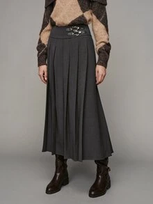 MOTF PREMIUM WOMEN'S SOLID COLOR PLEATED CASUAL VERSATILE DAILY WEAR SKIRT - Dark Grey - View 1