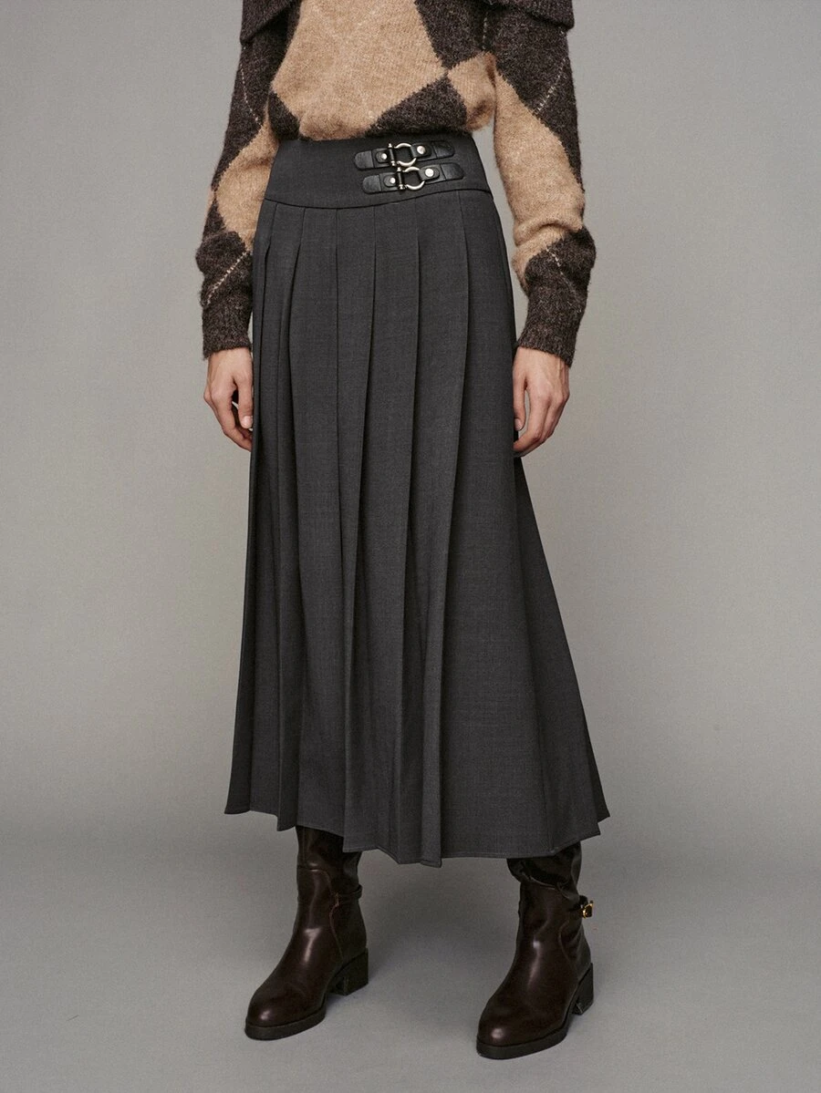 MOTF PREMIUM WOMEN'S SOLID COLOR PLEATED CASUAL VERSATILE DAILY WEAR SKIRT - Dark Grey - View 1
