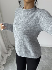 SHEIN Elenzya 女款秋季新款圓領素色合身寬鬆百搭通勤時尚設計後背蝴蝶結開衩針織套頭長袖毛衣單件 - 灰色 - 查看 4