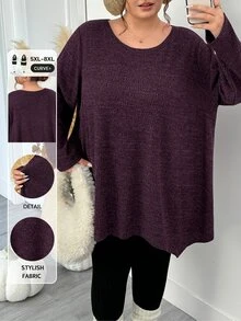 SHEIN CURVE+ 大尺碼女款休閒羅紋長袖T恤，秋冬紫色不對稱下擺，適合5XL-8XL尺寸 - 紫色 - 查看 1