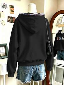 Lalippa Plus Size Women Casual Embroidered Drop Shoulder Long Sleeve Hooded Sweatshirt - Black - View 2