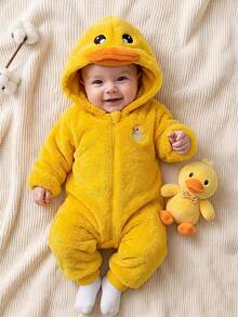 SHEIN Baby Girl Knitted Solid Color Faux Fur Duck Embroidery Pattern Casual Romper - Yellow - View 5