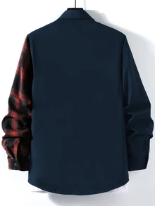 Manfinity Homme Men's Patchwork Plaid Pattern Long Sleeve Shirt Suitable For Dating, Vacation, Party, Daily Wear, Gathering, Outdoor Activities, Commuting, Street Style - Royal Blue - View 2