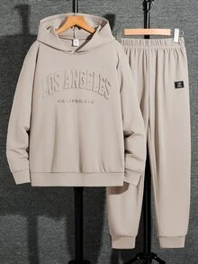 SHEIN 青少年男孩拼色寬鬆長袖連帽衫套裝，冬季，街頭風，畢業季，開學季 - 卡其色 - 查看 7