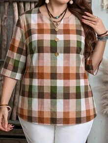 EMERY ROSE 大尺碼女款格紋印花缺口V領鈕扣半袖寬鬆襯衫，休閒辦公日常度假外出時尚上衣，2026秋季流行款 - 彩色 - 查看 4
