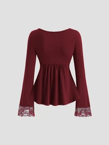 Sweetra Y2K Sexy Patchwork Versatile Commute Loose Long Sleeve T-Shirt Autumn - Burgundy - View 2