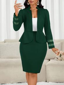 SHEIN Lady 女款優雅休閒正式商務深綠色荷葉邊西裝外套鉛筆裙兩件套 秋冬辦公工作聚會教堂聖誕外出穿搭 - 墨綠色 - 查看 9