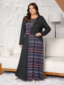Lacomfia Plus Size Women Loose Casual A-Line Round Neck Long Sleeve Patchwork Floral Print Autumn Long Dress - Black - View 3
