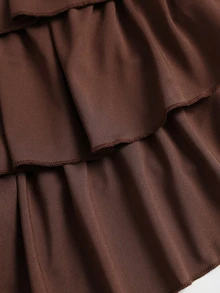 SHEIN Sweetro Spring Autumn Winter French Elegant Round Neck Asymmetric Twist Metal Decor Slimming Pleated Cocktail Cake Dress For Women - Coffee - View 6
