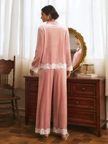 Côtesoire Contrast Lace Trim Velvet Pajama Set - Dusty Pink - View 2