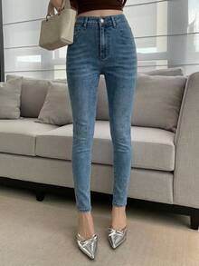 DAZY Fall Korean Style High Waist Blue Washed Distressed Slim Fit Pencil Cropped Jeans For Women Everyday Work Casual - Blue - View 8