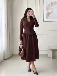 Feyla Women's Solid Color Elegant Daily Business Commute V-Neck Midi Dress - Brown - View 8