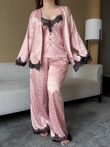 Dazy Plus Elegant Lace Patchwork Camisole Cardigan Top & Pants 3-Piece Set, Spring/Autumn New Loungewear Pajama Set - Dusty Pink - View 6